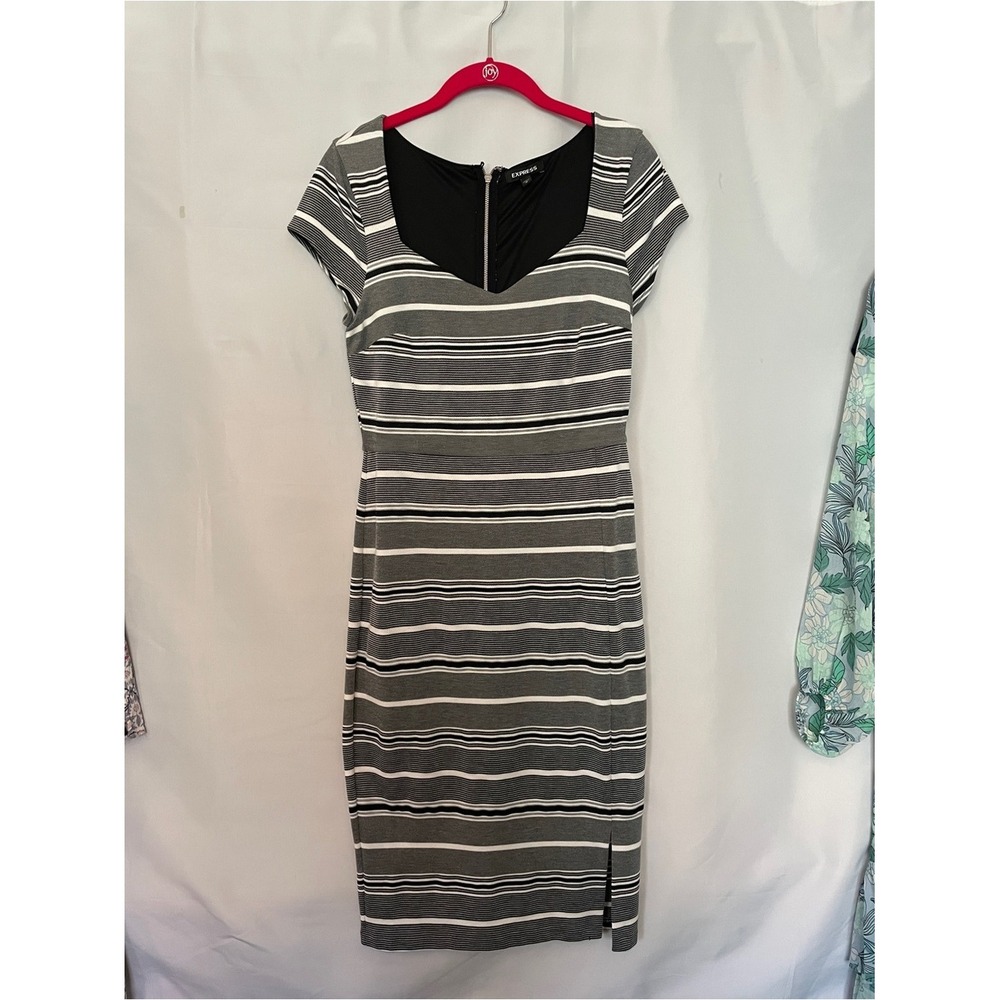 Express Striped Gray & White Sheath Dress with Scoop Neck